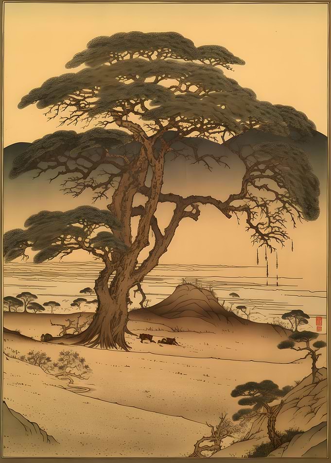 Big tree in desert Ukiyo e
