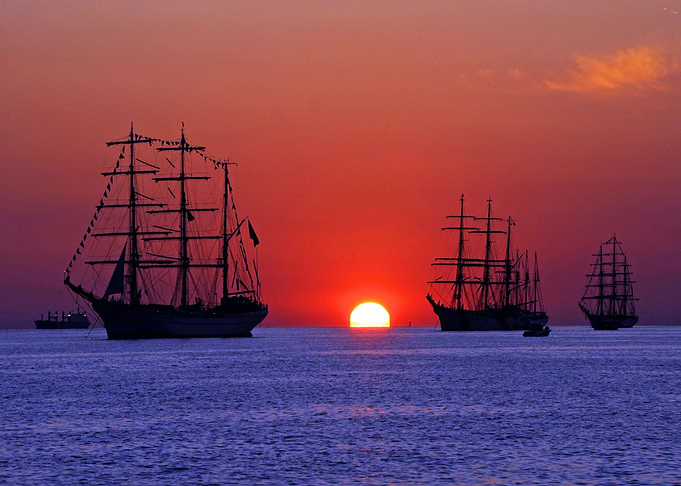Sunset at Sea Beach Ships