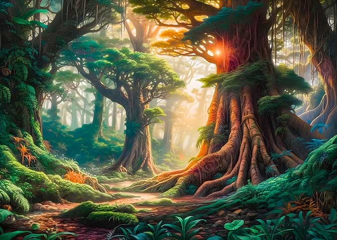 Fantasy forest sunrise