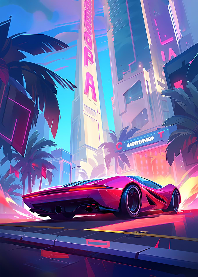 Car 80s Retro City Neon
