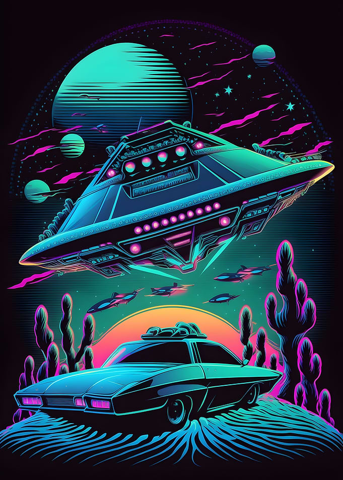 UFO and Car Retro Poster