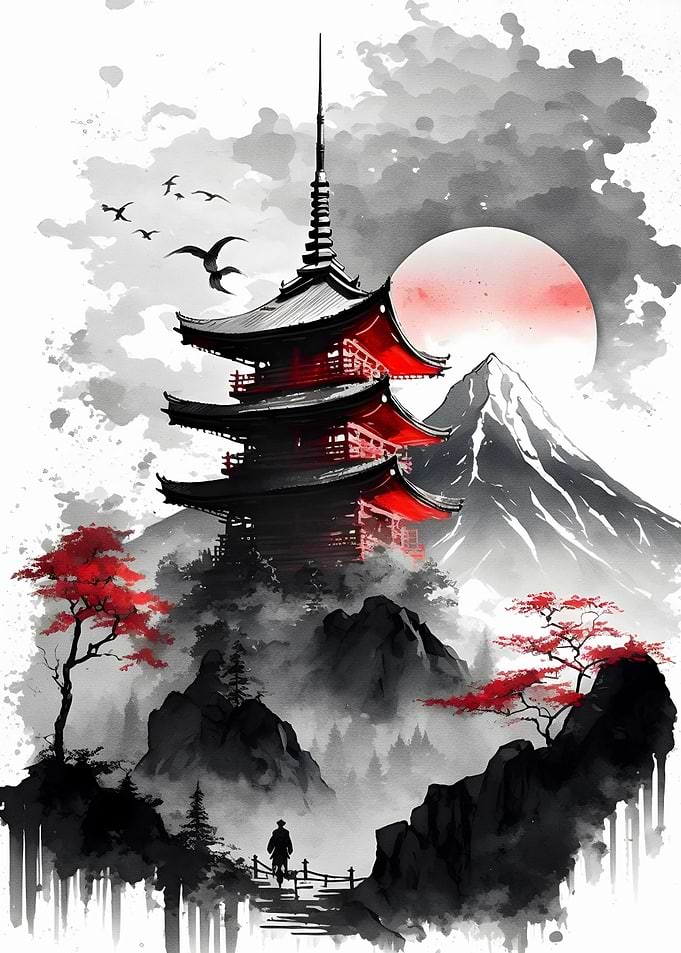 Japanese Village ink wash