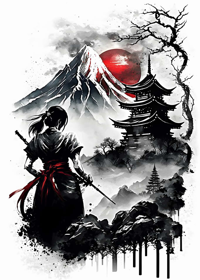 Samurai girl ink wash