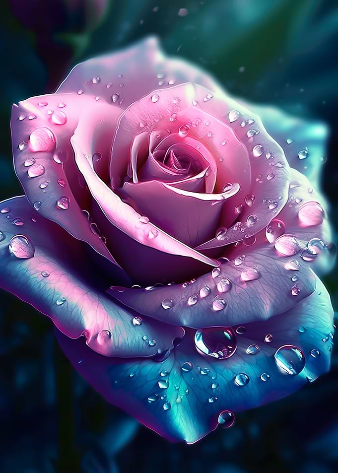 blue and pink rose in rain