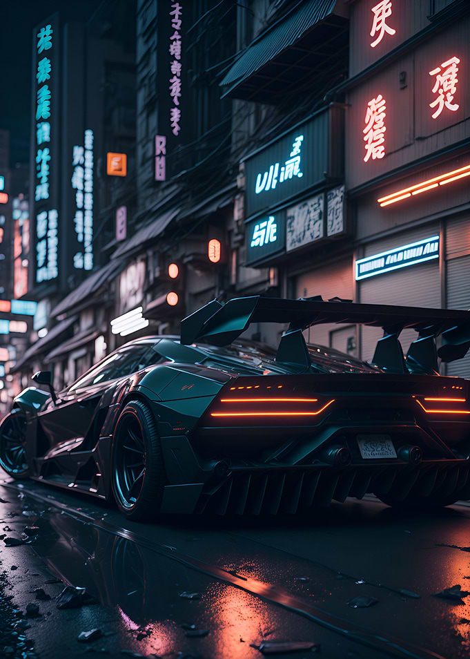 Dark Neon City Sports Car