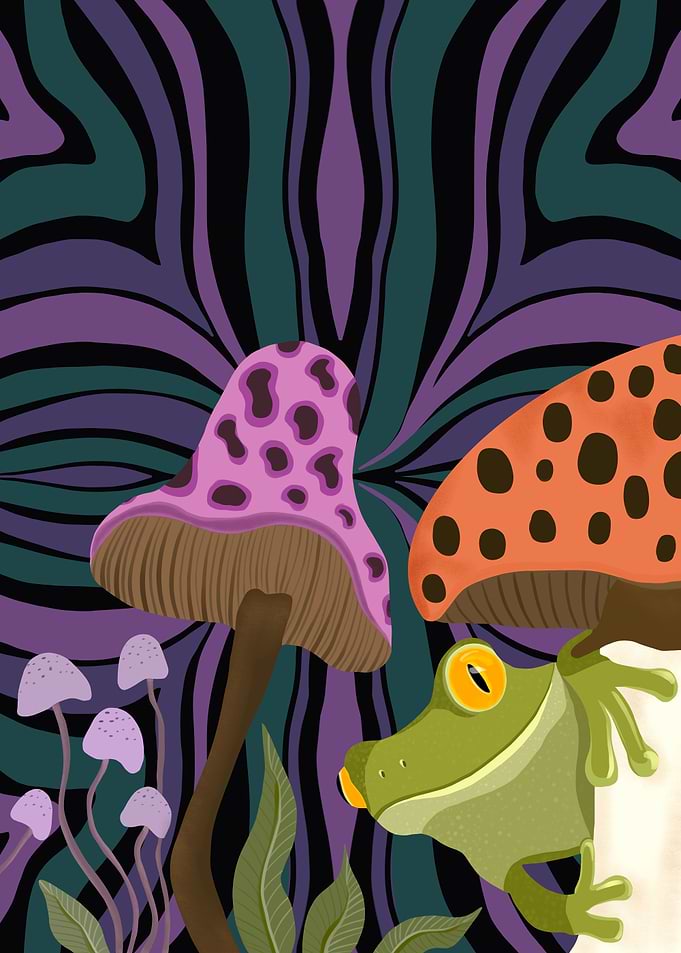 Whimsical Frog and Shrooms