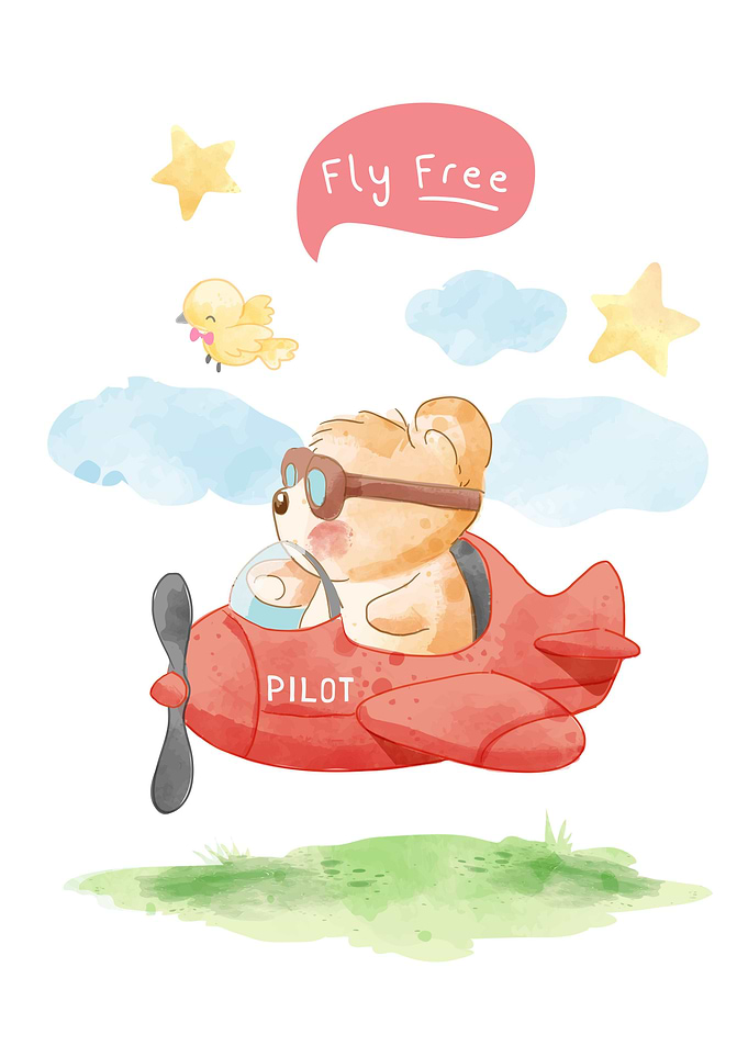 Cartoon bear on airplane