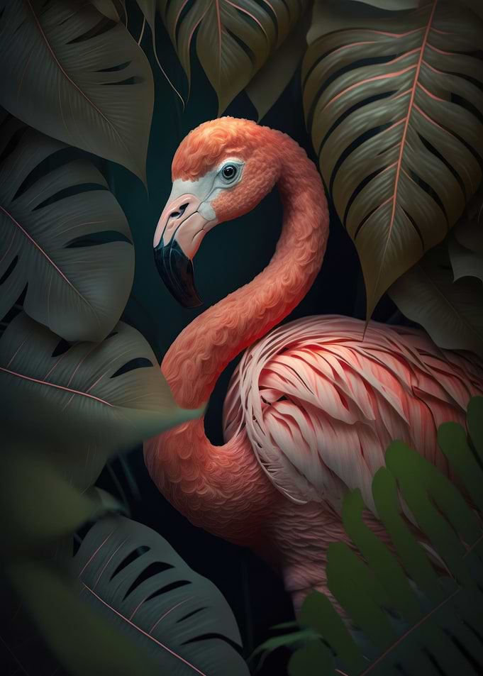 Pink flamingo with leaf