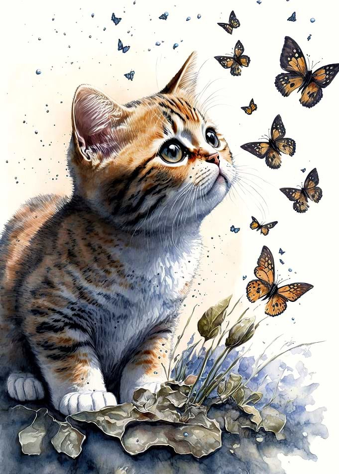 Butterfly cat watercolor