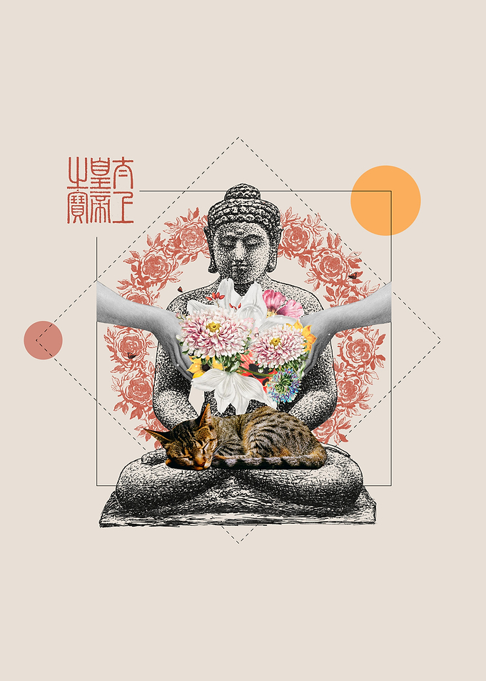 Cat sleeping on buddha