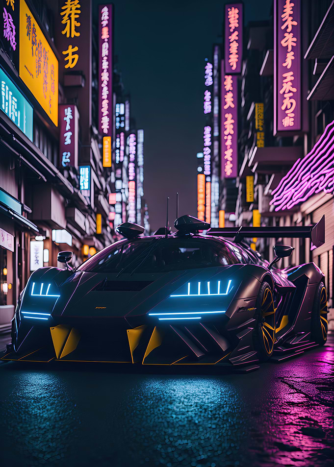 Dark Neon City Sports Car