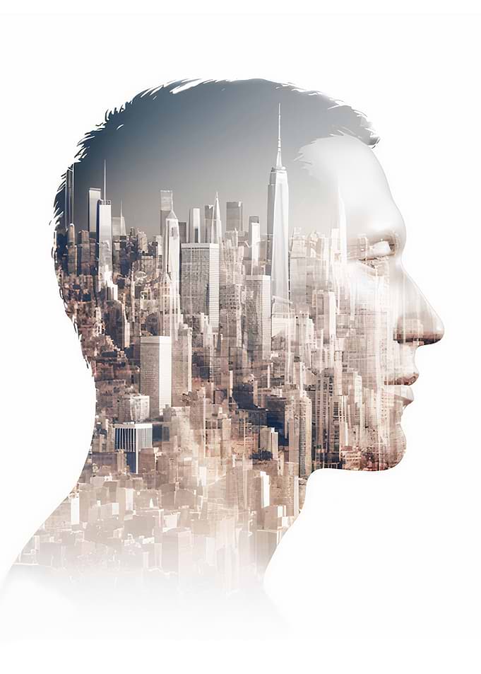 Male head and a city