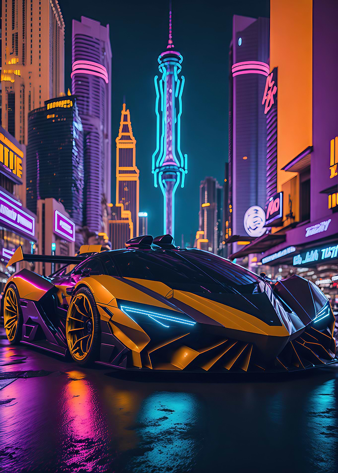 Dark Neon City Sports Car