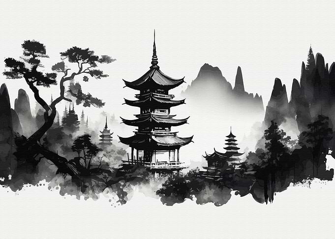 Mountains and pagoda