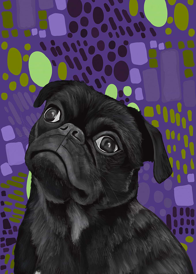 Black Pug Purple Abstract