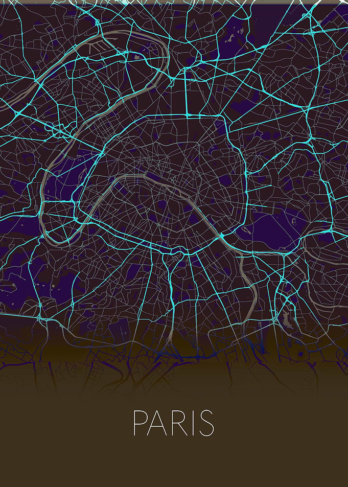 Paris black teal city map
