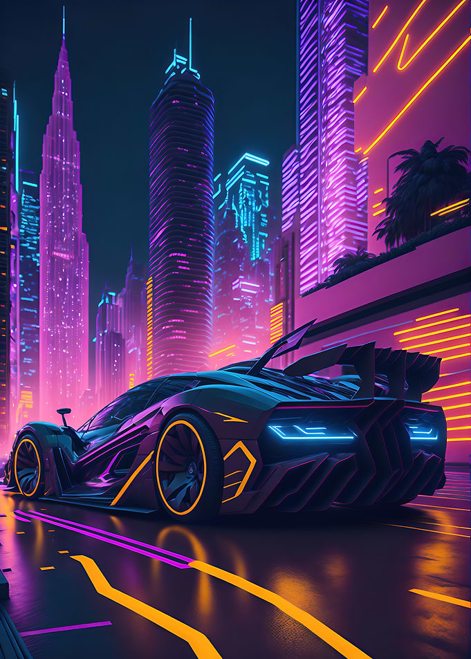 Dark Neon City Sports Car
