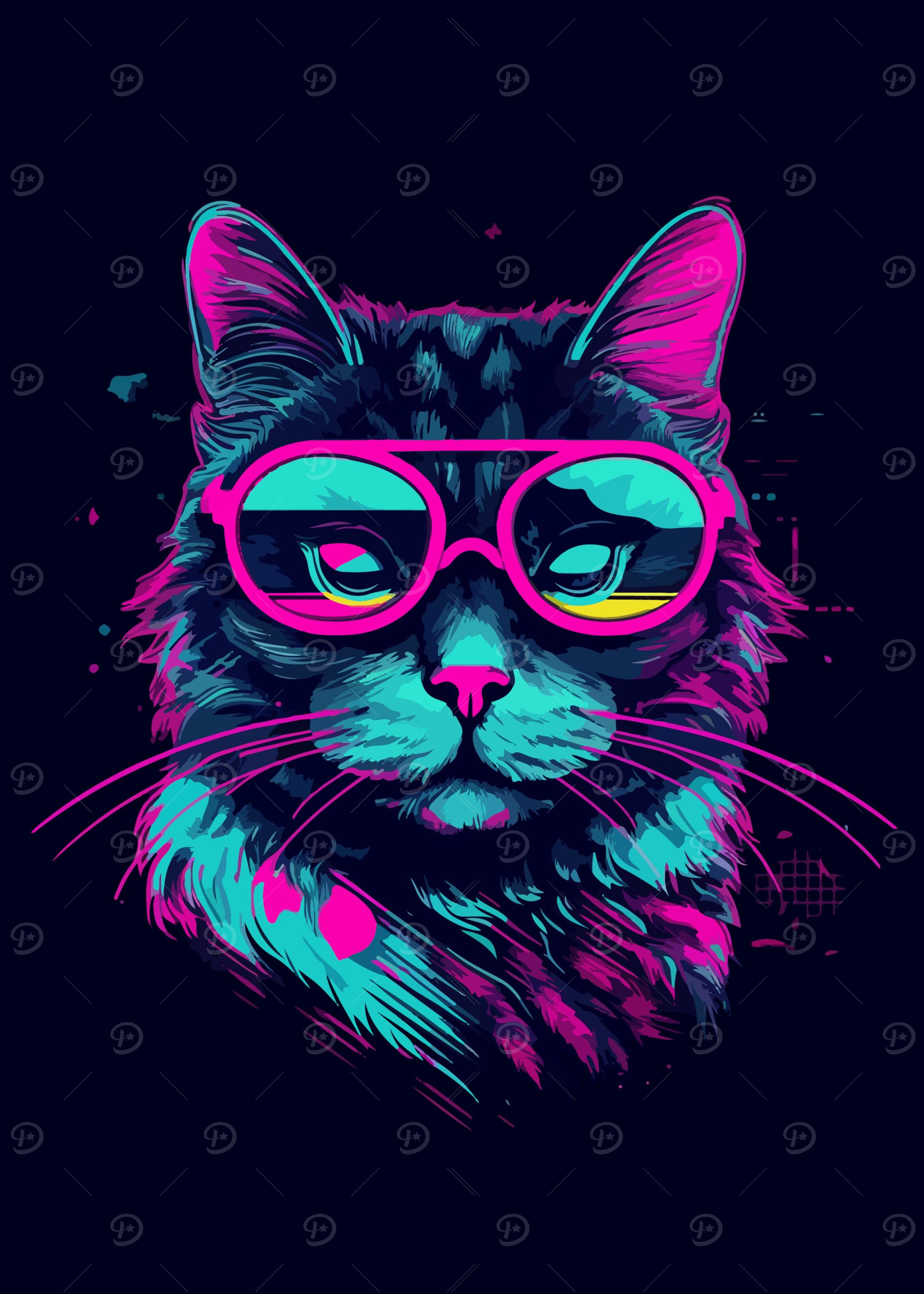Violet Neon Cat with Glass
