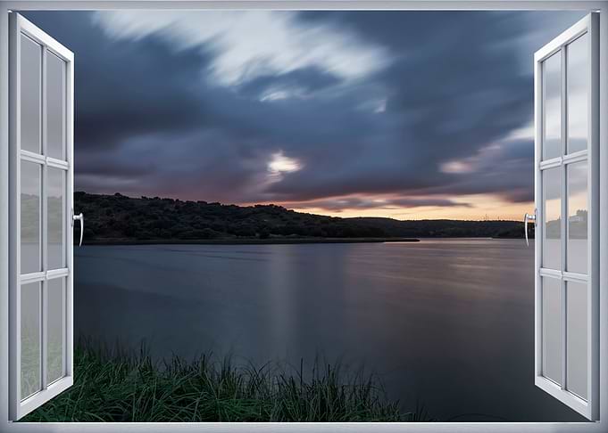 Window view lake sunset