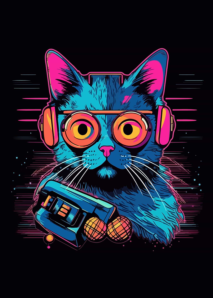 Neon Cat with Headphone