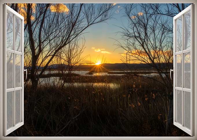 Window view lake sunset