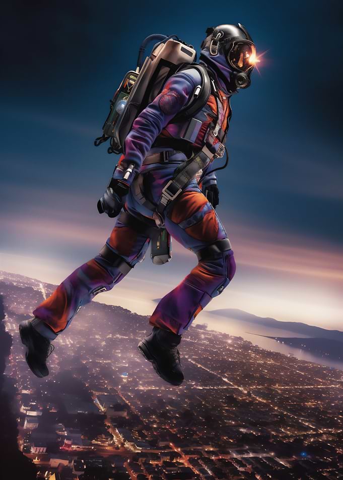 An astronaut over the city