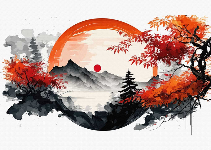 Mountains and red sun