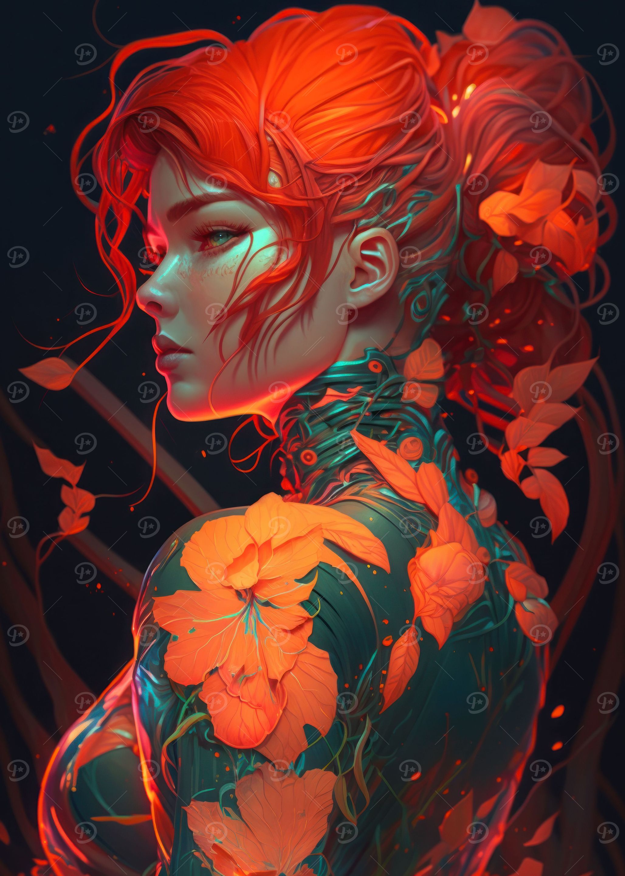 Red Floral Cyberpunk Girl
