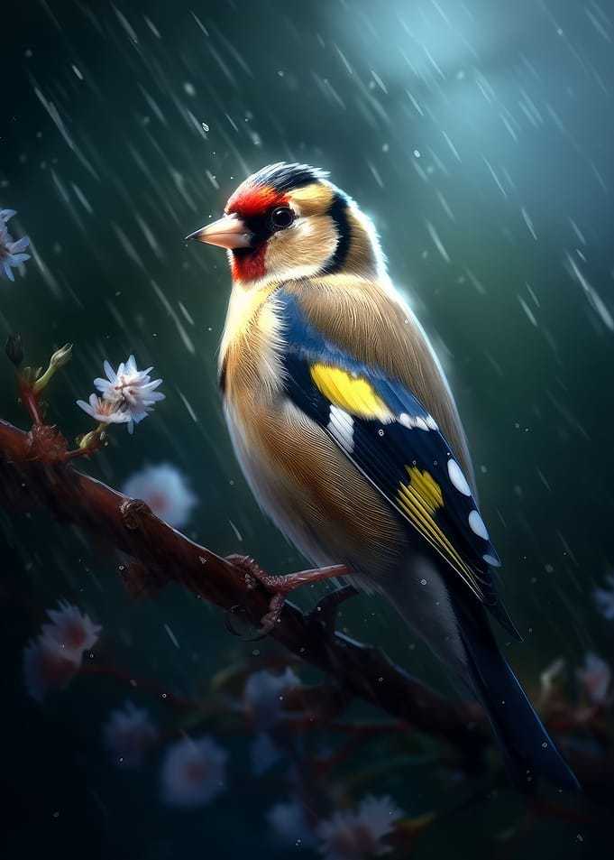 Bird Goldfinch in rain