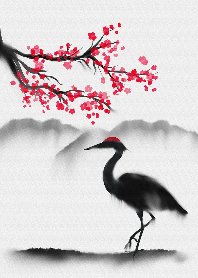 Sakura and heron