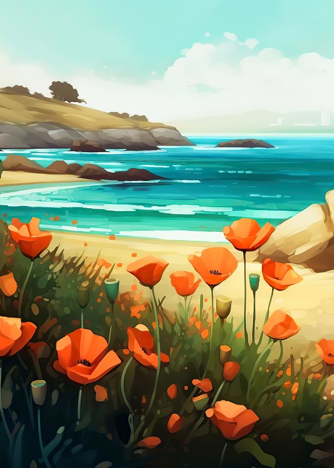 Poppies and ocean