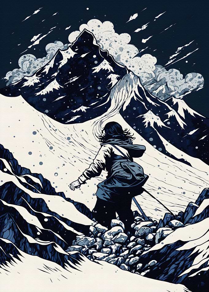 Hiker braving a snowy