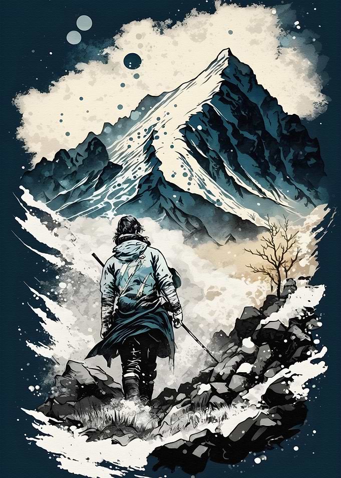Hiker braving a snowy