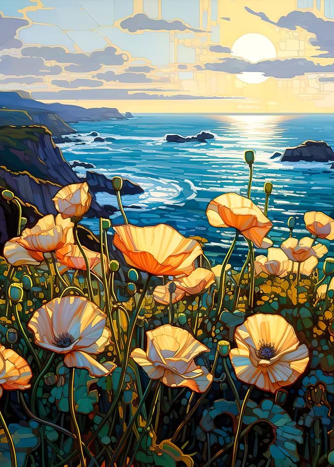 Poppies and ocean