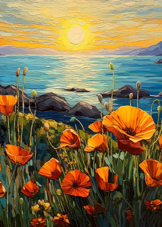 Poppies and ocean