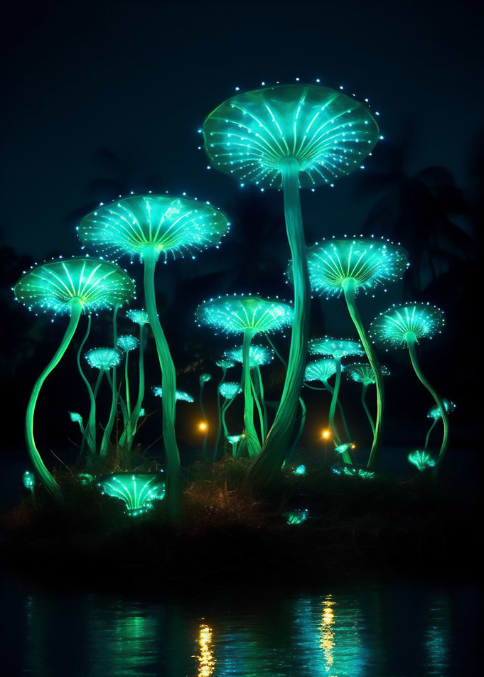 Glowing neon mushrooms