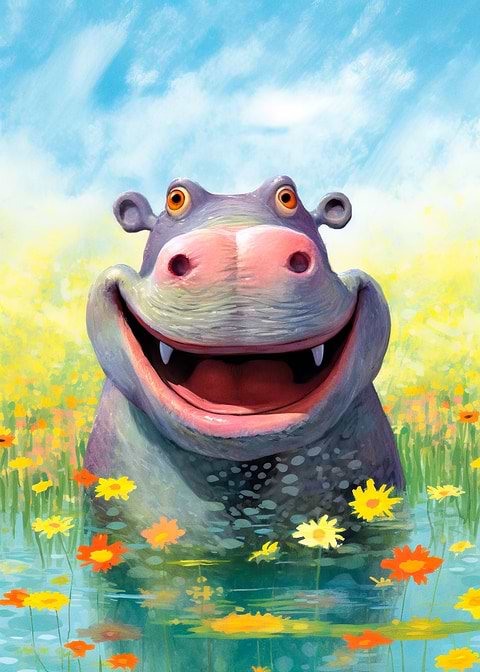 Happy Hippo Delight — kids room metal wall art