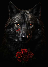 black wolf dark red rose