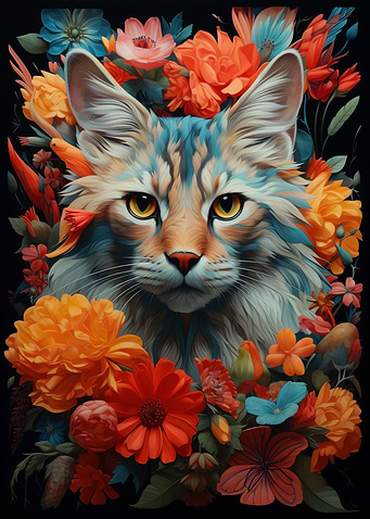 Cat in Flowers Bouquet