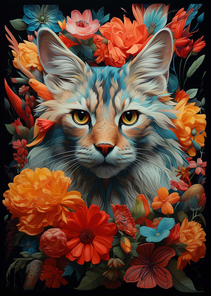 Cat in Flowers Bouquet