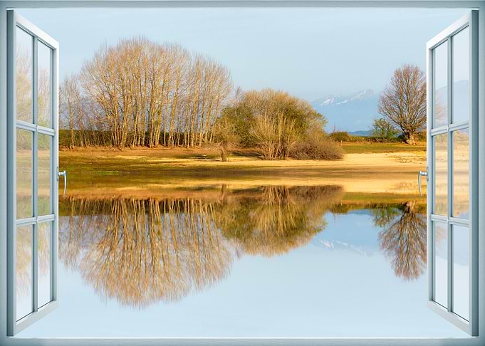 Window view calm lake