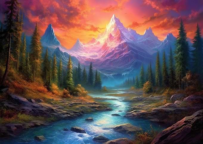Mountains and lake sunset