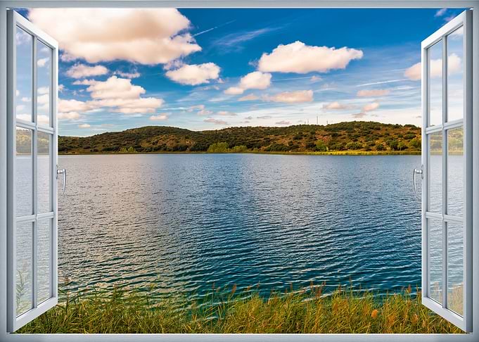 Window view calm lake