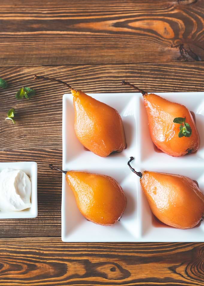 Poached pears on the plate
