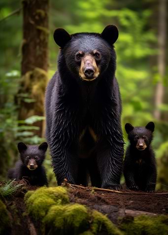 Black Bear With Cubs