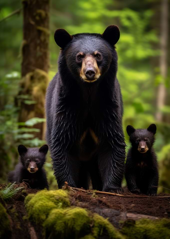 Black Bear With Cubs