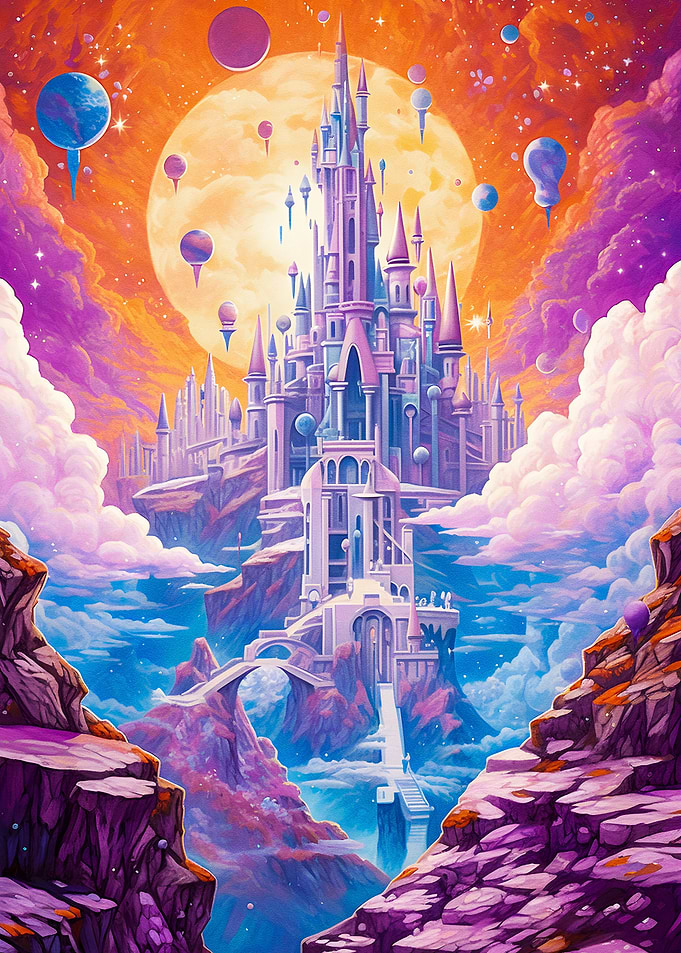 fantasy city towers clouds