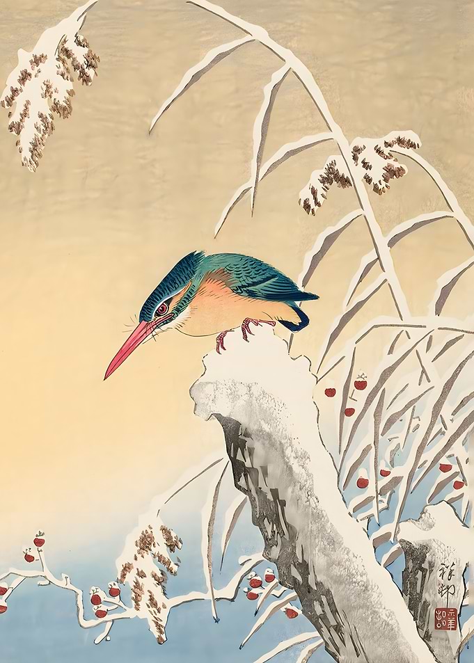 Ukiyo e Kingfisher in snow