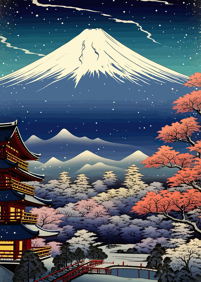 ukiyo e Mount Fuji sakura