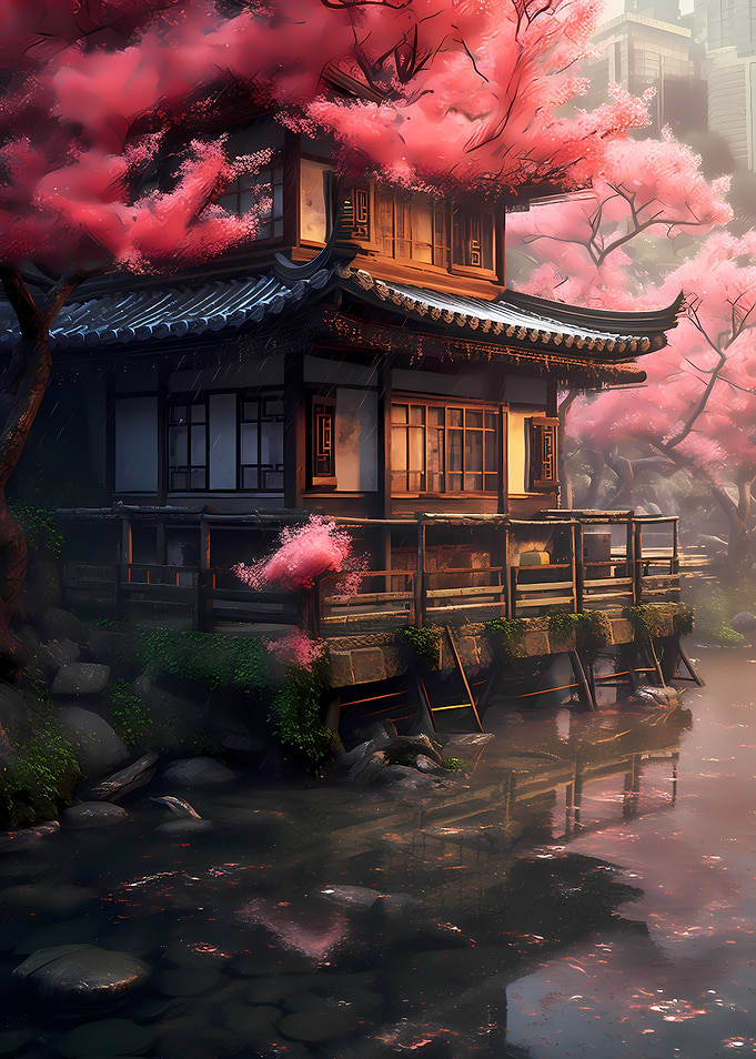 Wooden asian lake house